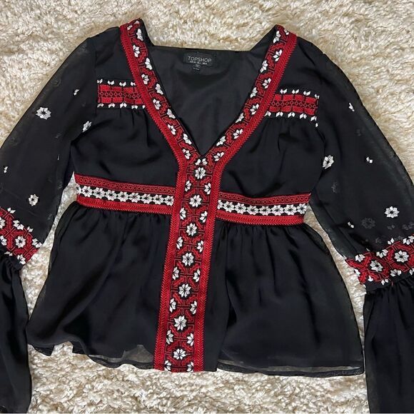 Topshop black embroidered style boho long sleeve top size US 2 - Picture 7 of 11